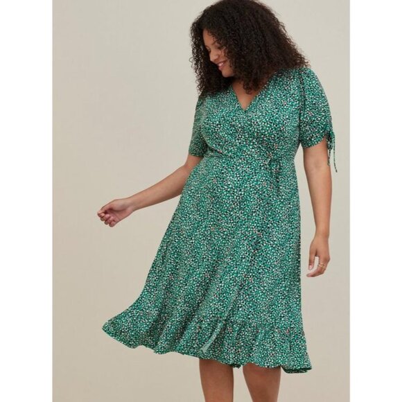 Torrid Green Speckled Print Short Sleeve Midi Dress w/Pockets Size 2X 18 20 Plus - Picture 1 of 12